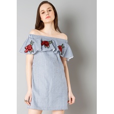 Embroidered Off Shoulder Dress - Stripes 