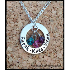 Personalized Hand-Stamped Mom Necklace with Children's Names and Swarovski Birthstones - 1" Nickel Silver Washer Pendant