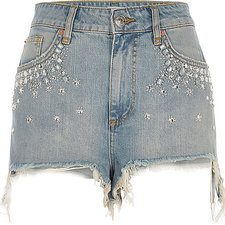 Blue embellished high waisted denim shorts