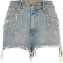 Blue embellished high waisted denim shorts