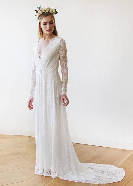 Ivory Wrap Floral Lace Long...