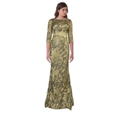 Rene Ruiz Embellished Lace Three Quarter Sleeve Illusion Gown