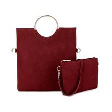 A-SHU 2 PIECE FAUX SUEDE HOLDALL HANDBAG / FOLD-OVER CLUTCH BAG WITH CROSS-BODY BAG - MAROON - A-SHU.CO.UK
