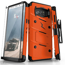 Samsung Galaxy Note 8 - BOLT Case with Kickstand, Holster, Curved Full Glass Screen Protector, Lanyard - Orange :: Android Cell Phone Cases