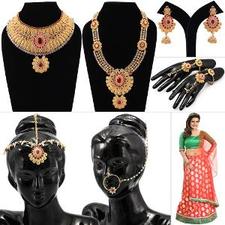 Buy Kavya - 6 Pc Gold Look Jewellery Set With Red-Green Lehenga