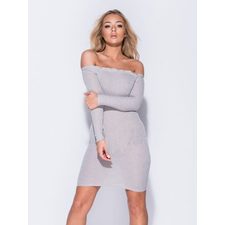 Kayla Grey Skinny Rib Bardot Bodycon Dress