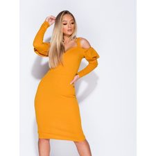 Rhona Mustard Cold Shoulder Puff Sleeve Bodycon Dress