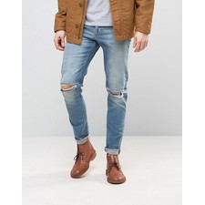 Skinny Jeans With Knee Rips In 12.5oz Light Blue