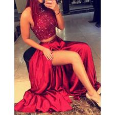 Sexy Prom Dresses High Neck A-line Slit Long Burgundy Prom Dress/Evening Dress JKL233