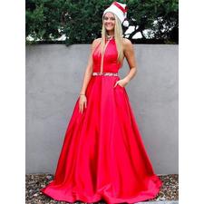 Long Prom Dresses High Neck A-line Floor-length Rhinestone Sexy Red Prom Dress JKL638
