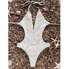 High Cut Plunging Neck Lace Swimsuit