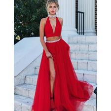 Two Piece Prom Dress A-line High Neck Floor Length Long Prom Dress Sexy Evening Dress JKS321