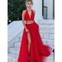 Two Piece Prom Dress A-line High Neck Floor Length Long Prom Dress Sexy Evening Dress JKS321