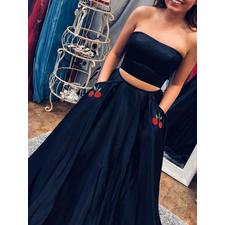 Black Prom Dresses Strapless A Line Embroidery Satin Sexy Long Prom Dress JKL750