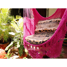Fuchsia Sitting Hammock with Fringe, Hanging Chair Natural Cotton and Wood